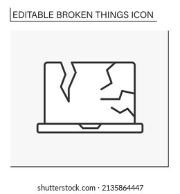 Device Line Icon. Destroyed Electronic Device. Smashed Laptop. Broken Screen. Vandalism, Chaos. Broken Things Concept. Isolated Vector Illustration. Editable Stroke. Vector Illustration