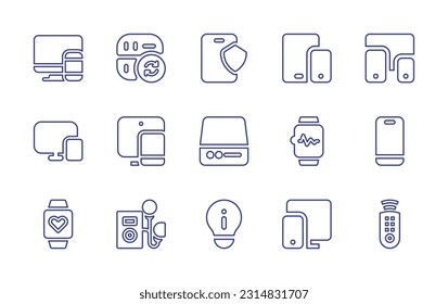 Device line icon set. Editable stroke. Vector illustration. Containing responsive, driver, security, device, responsive devices, harddisk, smartwatch, smartphone, heart rate, idea bulb, remote control