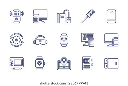 Device line icon set. Editable stroke. Vector illustration. Containing heart rate, responsive, vr glasses, vascular closure device, phone, multiple, voice assistant, process, ebook, gps navigator.