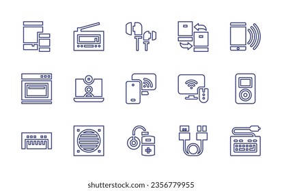 Device line icon set. Editable stroke. Vector illustration. Containing phone, headphones, ipad, radio, synchronization, smart tv, insulin, television, hdmi, ipod, keyboard, oven, videocall, extractor.