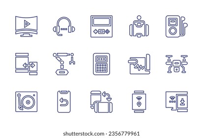 Device line icon set. Editable stroke. Vector illustration. Containing game console, hands free, smart tv, lesson, player, calculator, rotate, robotic arm, back, seismograph, drone, smartwatch.