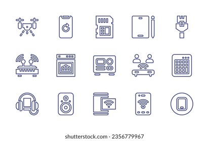 Device line icon set. Editable stroke. Vector illustration. Containing memory card, tablet, drone, return, ethernet, wifi, users, smartphone, numeric device, device, router, oven, listen, speakers.