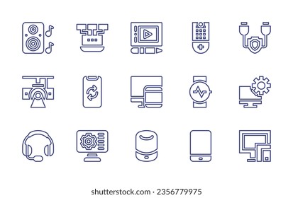 Device line icon set. Editable stroke. Vector illustration. Containing speaker, local network, usb cable, tablet, remote control, computer, portable speaker, sync, smart tv, smartwatch, responsive.