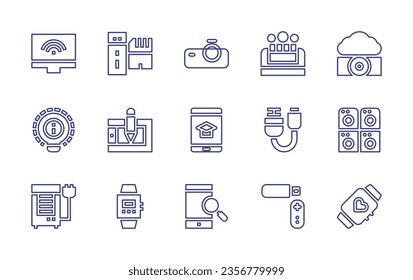 Device line icon set. Editable stroke. Vector illustration. Containing wifi, bubble, fog, projector, pen drive, streaming, smartwatch, idea, air conditioner, ipad, smartphone, graphic tablet, usb.