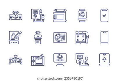 Device line icon set. Editable stroke. Vector illustration. Containing done, mobile phone, projector, voltmeter, drawing tablet, usb drive, graphic tablet, turntable, smartwatch, tablet, smart tv.