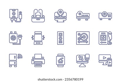 Device line icon set. Editable stroke. Vector illustration. Containing earphones, projector, computer, water heater, music player, responsive, rechargeable battery, voice assistant, refrigeration.