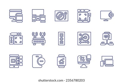 Device line icon set. Editable stroke. Vector illustration. Containing add, cardiogram, devices, device, electronic device, turntable, remote control, tablet, vinyl, watch, transfer.