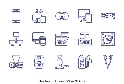 Device line icon set. Editable stroke. Vector illustration. Containing mobile phone, device, module, responsive, pain management device, electronic devices, projector, vinyl record, hydraulic jack.