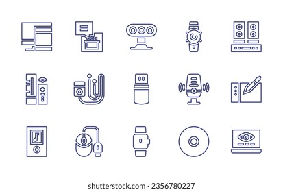 Device line icon set. Editable stroke. Vector illustration. Containing mp, watch, speakers, microphone, graphic tablet, motion sensor, flash drive, responsive, oven, game console, mouse, disc.
