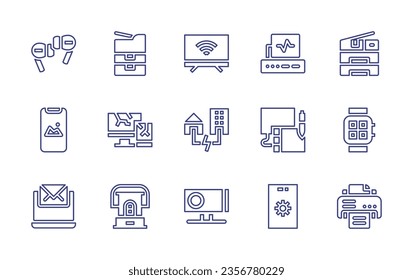 Symbol für die Gerätezeile eingestellt. Bearbeitbarer Strich. Vektorgrafik. Mit Fotokopierer, Seismograph, Kopiermaschine, Kopfhörer, Fernseher, intelligente Energie, Projektor, Computer, Kerosin, Grafiktablette, intelligente Uhr.