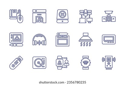 Device line icon set. Editable stroke. Vector illustration. Containing graphic tablet, headphones, usb, turntable, smartwatch, kitchen hood, pager, speaker, data storage, information, projector, ebook