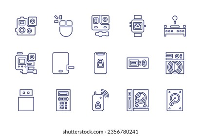 Device line icon set. Editable stroke. Vector illustration. Containing open, remote control, tablet, alarm, thermostat, washing machine, dj, hardware, action camera, flash disk, cam, computer mouse.