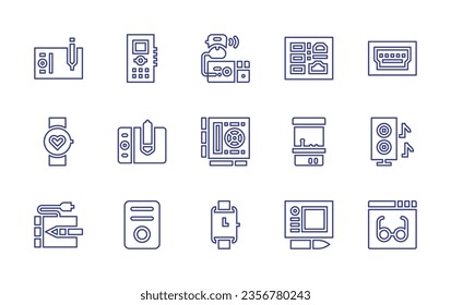 Device line icon set. Editable stroke. Vector illustration. Containing graphic tablet, transceiver, tape recorder, card reader, hdmi port, fitness, pen tablet, smartwatch, music player, arcade game.