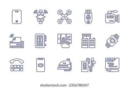 Device line icon set. Editable stroke. Vector illustration. Containing smartphone, wifi, drone, approval, smartwatch, audio recorder, usb, video camera, walkie talkie, iron, loading, mp player.