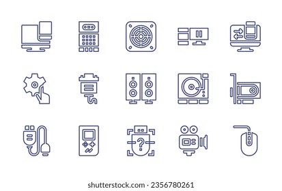 Device line icon set. Editable stroke. Vector illustration. Containing device, voice recorder, responsive, extractor, adapter, video recorder, mouse, game console, turntable, video card, speaker, usb.