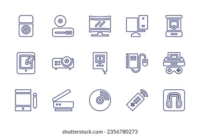Device line icon set. Editable stroke. Vector illustration. Containing ipod, dvd player, tablet, projector, game console, arcade, curved screen, nitrate tester, responsive, ebook, headphones, remote.