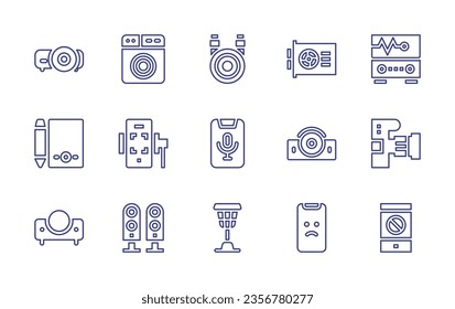 Device line icon set. Editable stroke. Vector illustration. Containing video projector, tablet, smartphone, washing machine, graphics card, cardiogram, projector, dslr camera, ethernet, speakers.