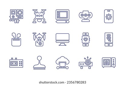 Device line icon set. Editable stroke. Vector illustration. Containing d sensor, seo, pen, action camera, drone, computer, cloud computing, camera drone, stamp, smartwatch, cctv, projector, microwave.
