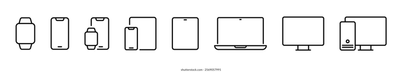 Device line icon set. Electronic devices and gadgets vector icons. Computer monitor, smartphone, tablet and laptop