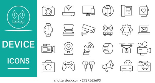 Conjunto de ícones da linha do dispositivo. Dispositivos eletrônicos e ícones de gadgets para aplicativos móveis e da Web. Gadgets, eletrônicos, computador, smartphone, tecnologia, drone e muito mais. Ilustração vetorial.