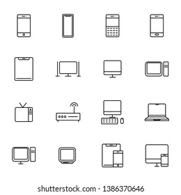 Device line icon set. Portable compact personal computer, smartphone, mobile phone, gadgets for information management, mobile calls, email sending. Vector line art illustration, white background