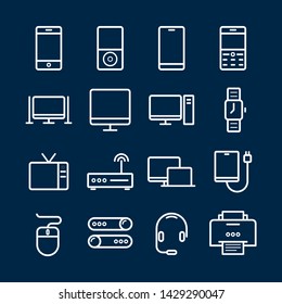Device line icon set. Portable compact personal computer, smartphone, mobile phone, gadgets for information management, mobile calls, email sending. Vector line art illustration, white background