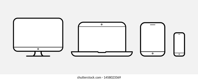 Device line icon set. Portable compact personal computer, smartphone, mobile phone, gadgets for information management, mobile calls, email sending. Vector line art illustration, isolated on backgroun