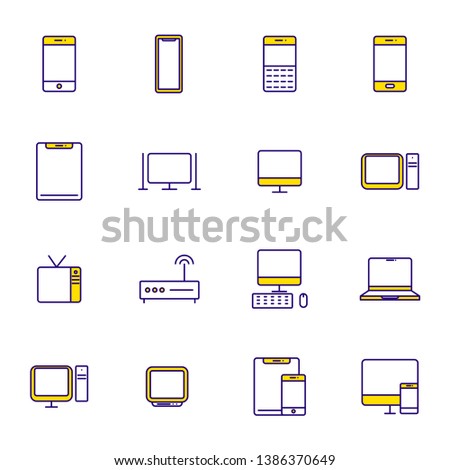 Device line icon set. Portable compact personal computer, smartphone, mobile phone, gadgets for information management, mobile calls, email sending. Vector line art illustration, white background