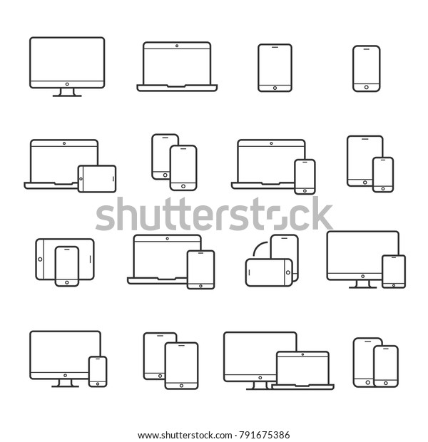 Device line icon set. Portable compact\
personal computer, smartphone, mobile phone, gadgets for\
information management, mobile calls, email sending. Vector line\
art illustration, white\
background