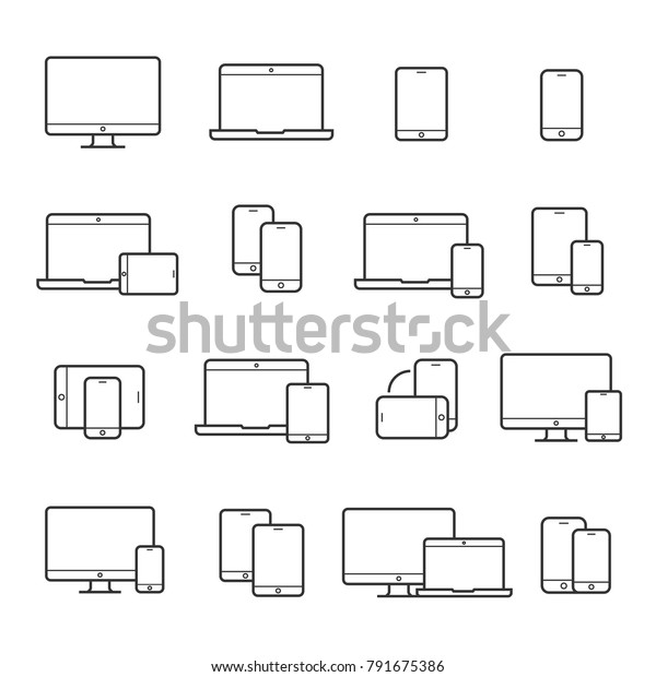 デバイスラインアイコンセット 携帯用コンパクトパソコン スマートフォン 携帯電話 情報管理用のガジェット 携帯電話 電子メール送信用 白い背景にベクター ラインアートイラスト のベクター画像素材 ロイヤリティフリー 791675386