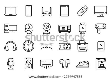 Device line icons. Electronics gadget, appliance. Desktop computer, monitor and laptop, smartphone and webcam, microphone and speaker, headphones and camera, printer and smartwatch. Vector set.