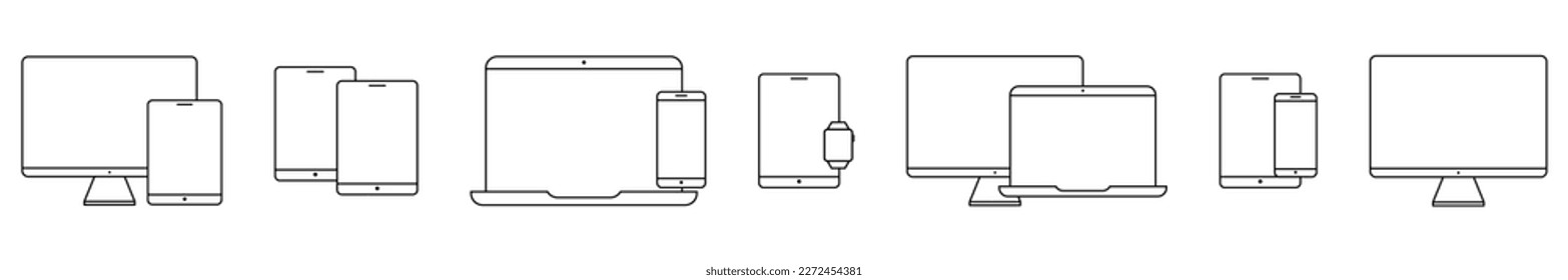 Device line icons. Laptop, smartphone, computer, tablet and watch gadgets. Vector illustration isolated on white background
