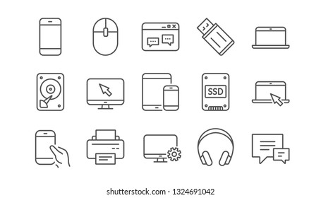Device line icons. Laptop, SSD and Headphones. Printer linear icon set.  Vector