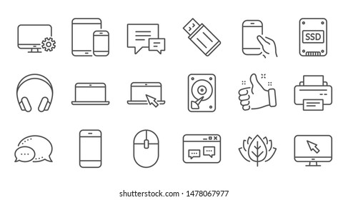 Device line icons. Laptop, SSD and Headphones. Printer linear icon set. Quality line set. Vector