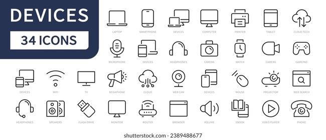 Device line icons set. Device icon. Devices icons collection - computer, laptop, smartphone, tablet, phone, monitor, printer, desktop, mouse symbol. Vector illustration