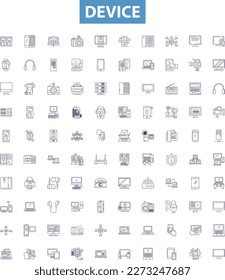 Device line icons, signs set. Device, Gadget, Tool, Equipment, Implement, Gizmo, Contraption, Mechanism, Apparatus outline vector illustrations.