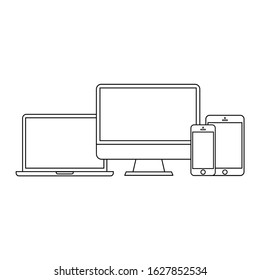Device lines Icons. Smart phone, tablet, laptop and desktop computer. Responsive web design.