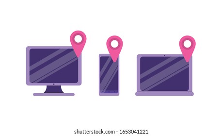 Device location icon or device GPS icon. the concept of a device tracker icon. laptops, computers and cellphones.