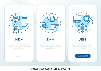 Tela azul do aplicativo móvel integrado de gerenciamento de dispositivos. Passo a passo 3 passos instruções gráficas editáveis com conceitos lineares. UI, UX, modelo de GUI