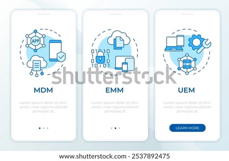 Device management blue onboarding mobile app screen. Walkthrough 3 steps editable graphic instructions with linear concepts. UI, UX, GUI template