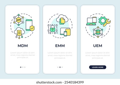 Device management types onboarding mobile app screen. Walkthrough 3 steps editable graphic instructions with linear concepts. UI, UX, GUI template. Montserrat SemiBold, Regular fonts used