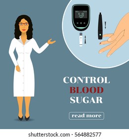 Device for measuring the blood sugar level. doctor in lab coat showing how to measure the level of glucose in the blood.
