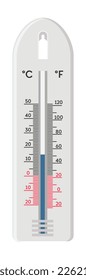 Device with measuring line showing temperature in celsius and Fahrenheit systems. Thermometer indicating air coolness or heat. Outdoors or indoors instruments for home. Vector in flat styles