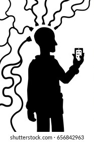 Device mind connect person black silhouette, vector illustration, vertical, isolated, over white