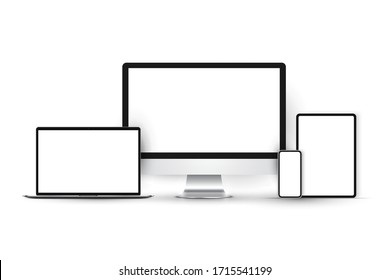 Device mockup set with monitor, laptop, tablet and smartphone. 3d realistic high-detailed technology devices set,