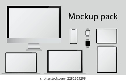 Device mockup set with monitor laptop tablet smartphone and wrist watches. Realistic high detailed technology devices set  Mac computer smart phone smart watch tablet