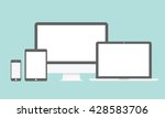 Device mockup template. Set of computer monitor, computer, laptop, phone, tablet isolated on green background. Flat vector illustration.