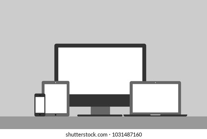 Device mockup template. Set of computer monitor, computer, laptop, phone, tablet background. Flat vector illustration.