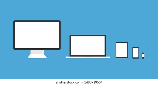 Device mockup template. Set of computer monitor computer laptop phone tablet isolated on blue background. Flat vector illustration. EPS 10