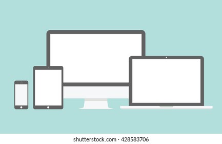 Gerätetyp-Vorlage. Set aus Computerbildschirm, Computer, Laptop, Telefon, Tablette einzeln auf grünem Hintergrund. Flache Vektorgrafik.